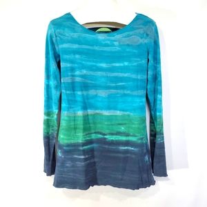 Earth Yoga Women's Size Large Long Sleeve T Shirt Teal Blue Tie Dye Boat Neck.
